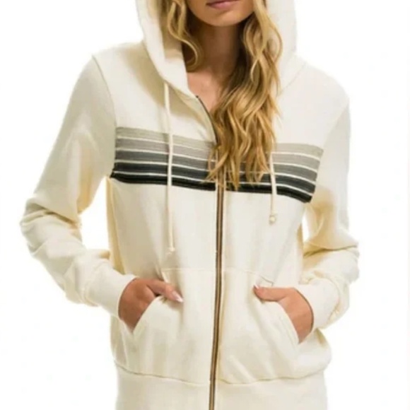 AVIATOR NATION 5 Stripe HOODIE, Ivory w Grey Stripes, SMALL - Picture 2 of 8